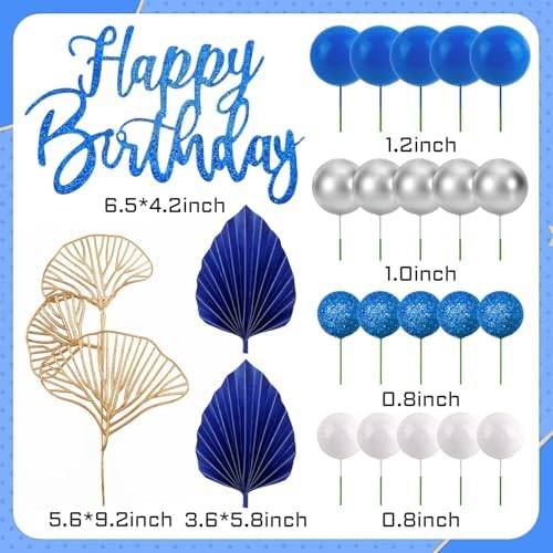 Morofme Blue Silver Balls Cake Decorations Navy Blue Themed Cupcake Toppers White Silver Balloon Cake Topper Glitter Happy Birthday Cake Decor Elegant Boho Cupcake Picks for Wedding Men Birthday Party