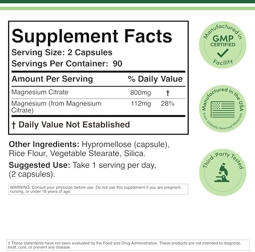 Magnesium Citrate 800mg, 180 Capsules, Digestion & Constipation Support, Vegan Safe, Non-GMO, Double Wood Supplements