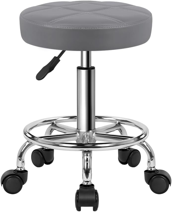 KKTONER Round Rolling Stool Chair PU Leather Height Adjustable Swivel Drafting Work SPA Shop Salon Stools with Wheels Office Chair Small (Gray)