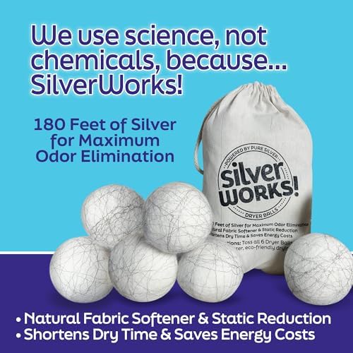 SilverWorks! Wool Dryer Balls Laundry Reusable - Odor Eliminating Dryer Laundry Balls with Silver Technology - Natural Fabric Softener and Static Reducer, Reduce Drying Time and Energy Costs - 6 Pack