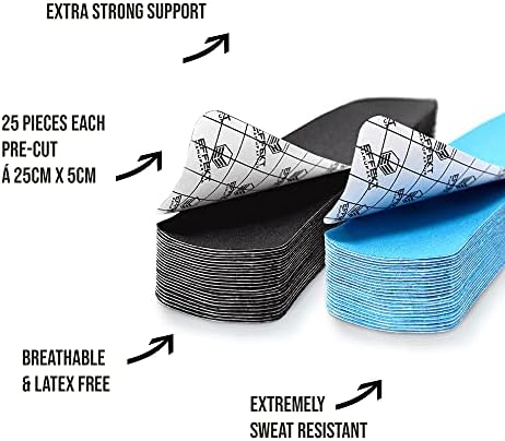Effekt Pre Cut Kinesiology Tape Waterproof (10'' x 2''), 25 Kinesiology Tape precut Strips - Elastic Medical Tape for Muscle, Knee Support and Injury Recovery, Belly Tape for Pregnancy (Blue + Black)
