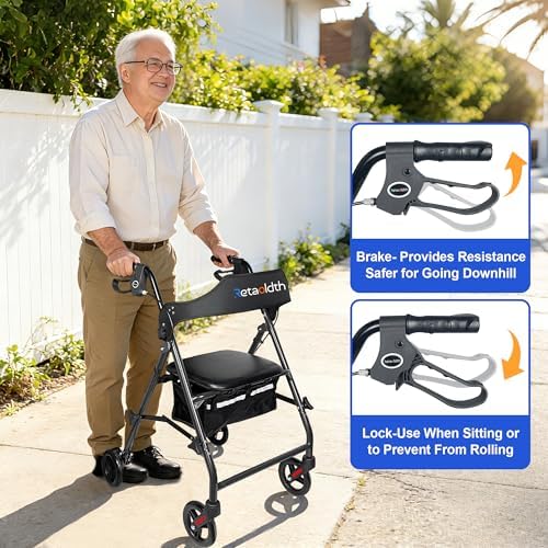 Rollator Walkers for Seniors with Seat, Foldable & One-Hand Carry, Upgraded Rolling Walker with Seat for Seniors, Handles Height Adjustable Rolling Walker for Seniors, Walking & Seated Rest, Black