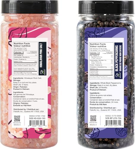 Soeos Himalayan Pink Salt 20oz + Whole Black Peppercorns 9.5oz Set, Coarse Grain, Salt for Grinder Refill, Salt and Pepper Grinder, Non-GMO Verified, Spice Seasoning Set for Cooking