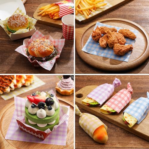 Honeydak 200 Pcs Checkered Wax Paper Sheets 7 x 7 Inch Variety Pack Checkered Deli Paper Sheets Food Basket Liners for Sandwich Burger Greaseproof Food Wrapping, Outdoor Picnic Disposable Serving