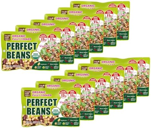 Organic Fully Cooked Perfect Beans -Eat More Beans Steamed bean, Economy Pack, USDA Organic Vegan Vegetarian Healthy Keto Food- Variety of Organic Edamame, Chickpea, Black Beans, Green Peas, Kidney Beans (12 Packs, 5 oz)