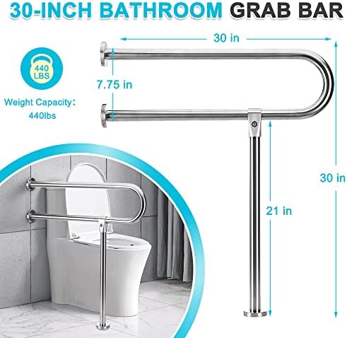Handicap Grab Bars Rails 30-Inch Toilet Handrails Bathroom Safety Bar Hand Support Rail Handicapped Handrail Accessories for Seniors Elderly Disabled Bariatric Railing Wall to Floor Mounted Bath Grips