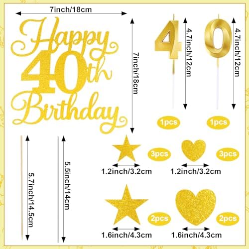 Happy 40th Birthday Cake Topper for 40th Birthday Decorations Numeral 40 Candle with Glitter Heart Cupcake Picks Set for Men Women Hello 40 Birthday Anniversary Party Cake Decor Supplies（GOLD）