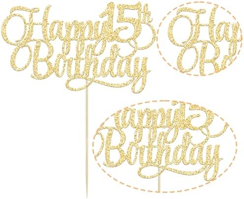 1 Pack Happy 15th Birthday Cake Topper Glitter Number 15 Fifteen Years Old Birthday Cake Pick Decoration for 15th Birthday Celebrating Anniversary Party Supplies Gold