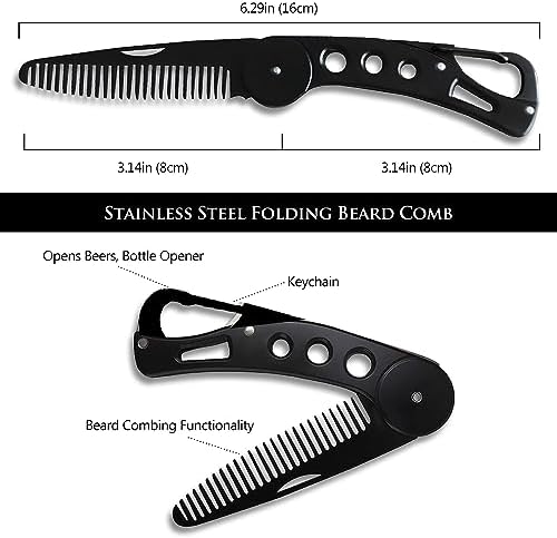 Stainless Steel Folding Beard Comb - Portable Multifunction Anti Static Comb with Leather Cover for Men Grooming, Combing Hair, and Mustache Styling