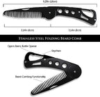Stainless Steel Folding Beard Comb - Portable Multifunction Anti Static Comb with Leather Cover for Men Grooming, Combing Hair, and Mustache Styling