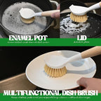 Dish Brush with Handle Wood Built-in Scraper, Scrub Brush for Pans, Pots, Saucepan, Kitchen Brushes for Sink and Stove, Yellow