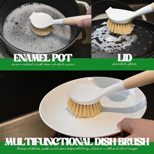 Dish Brush with Handle Wood Built-in Scraper, Scrub Brush for Pans, Pots, Saucepan, Kitchen Brushes for Sink and Stove, Yellow
