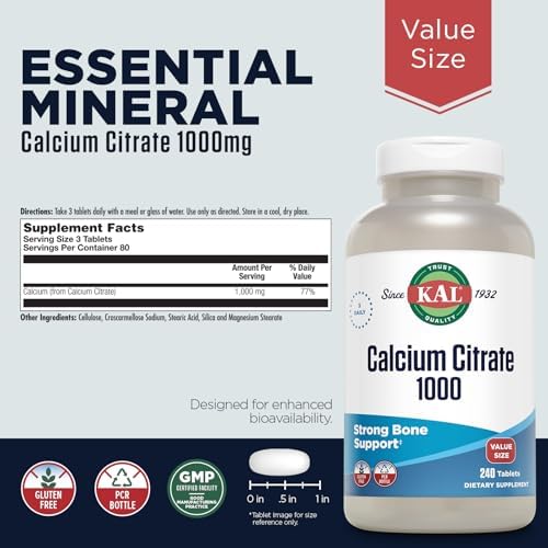 KAL Calcium Citrate 1000mg, Calcium Supplements for Women and Men, Bone Health, Teeth, Nervous, Muscular & Cardiovascular System Support, Gluten Free and Lab Verified, 80 Servings, 240 Tablets