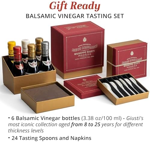 Giusti - Tasting Set - Balsamic Vinegar of Modena Historical Collection and White Condiment - Includes Spoons and Napkins - 6x 100ml