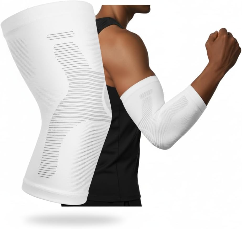 Elbow Compression Sleeve for Men - Kinesiology Compression Elbow Sleeve for Weightlifting - Elbow Sleeve for Tendonitis and Tennis Elbow Relief - Ideal for Gym, Sports (White, Medium)