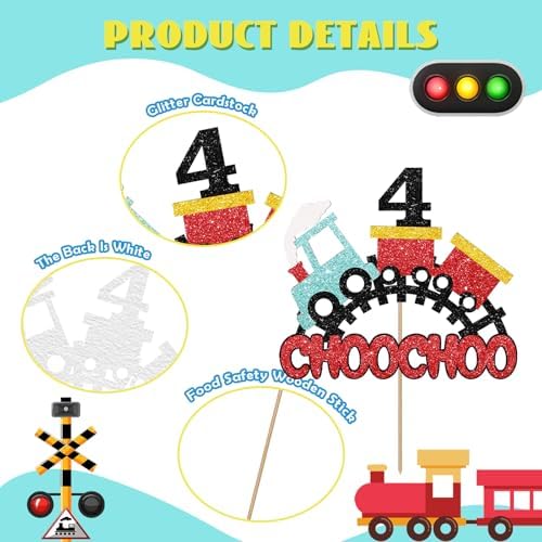 Train 4th Birthday Cake Topper, Choo Choo I'm 4 Cake Topper for Boy, Transportation 4 Years Old Birthday Cake Decor, Train Themed 4th Birthday Party Decoration - Red Glitter