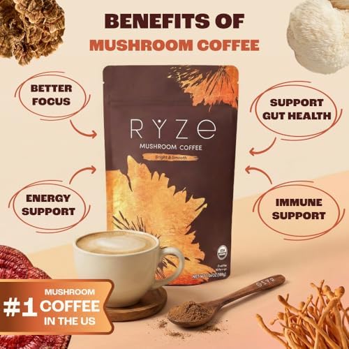 RYZE SUPERFOODS Mushroom Medium Roast Coffee USDA Organic with 6 Adaptogenic Mushrooms, USA Grown Instant Coffee for Better Energy, Focus Digestion Immunity with Lions Mane & Turkey Tail 30 Servings