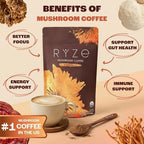 RYZE SUPERFOODS Mushroom Medium Roast Coffee USDA Organic with 6 Adaptogenic Mushrooms, USA Grown Instant Coffee for Better Energy, Focus Digestion Immunity with Lions Mane & Turkey Tail 30 Servings