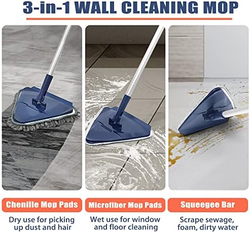 JEHONN Wall Cleaner Mop with Long Handle 82 Inches, 3-in-1 Ceiling Cleaning Tool Duster with 6 Replacement Microfiber Chenille Pads for Painted Walls, Window, Floor, Baseboard