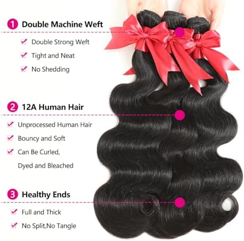 12A Human Hair Bundles with 2x6 Closure 18 20 22 with 16 Inch Brazilian Body Wave 3 Bundles Human Hair with 2x6 HD Lace Closure 100% Unprocessed Virgin Human Hair Weave