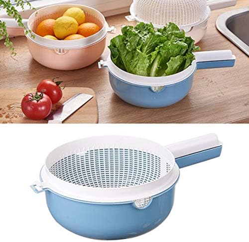 Hemoton Double Layer Drain Basket with Handle and Cover 13.38 Inch Plastic Colander for Washing and Draining Fruits Vegetables Rice Kitchen Storage Set of 2