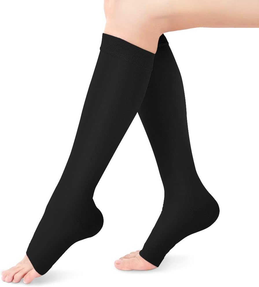 Compression Socks for Men Women, Open Toe Flight Compression Stockings, 20-30 mmHg Graduated Support Knee High Calf Compression Sleeves for Pregnancy Travel Work Varicose Veins