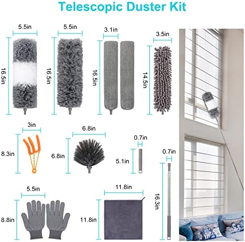 12pcs Microfiber Dusters, Duster with Extension Pole(Stainless Steel) 30 to 100'', Washable Dusters, Bendable Extendable Long Feather Duster for Cleaning Fan, High Ceiling, Blinds, Furniture, Cars