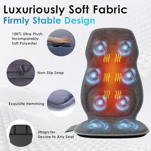 Back Massager with Soft Plush Fabric Cover, Massage Seat Cushion with 8 Vibration Motors & 2 Heating Levels, Chair Massager for Recliner, Office Chair, Sofa Use