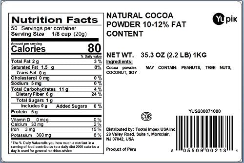 Yupik Natural Cocoa Powder, Unsweetened, 2.2 lb (35.2 oz), Gluten-Free, GMO-Free, Kosher, Vegan, Dairy-Free, No Sugar Added, No Additives, Excellent Source of Fiber & Iron, Ideal for Baking & Topping