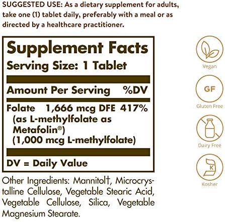 Solgar Folate 1000 mcg, 120 Tablets - 1000 mcg Bio-active Metafolin - Vegan, Gluten Free, Dairy Free, Kosher - 120 Servings