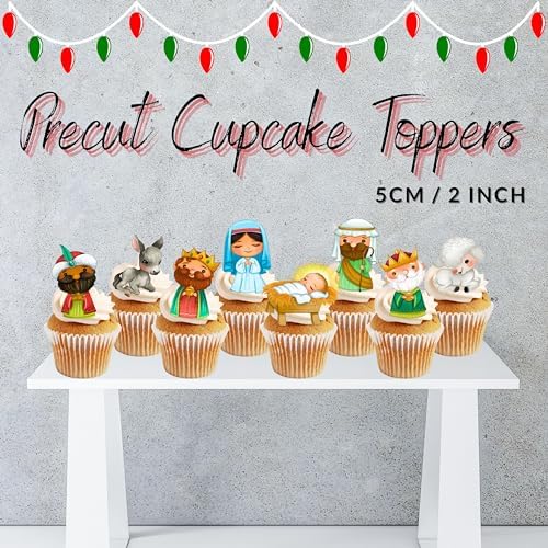 Nativity Christmas Cupcake Toppers, Edible Christmas Cake Decorations, Traditional Nativity Cupcake Decorations, Xmas Cake + Cookie Decor PRECUT 2 inch / 5cm (12)
