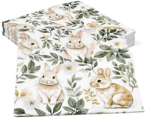 Easter Bunny Cocktail Napkins 100 Pack 3 Ply Paper Napkins Vintage Floral Rabbit Design Spring Party Disposable Dessert Beverage Table Supplies