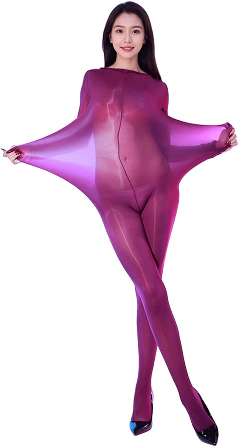 LESOYA Plus Size Shiny Bodystocking for Women Men Ultrathin Long Sleeve Bodysuit Catsuit Full Body Stocking