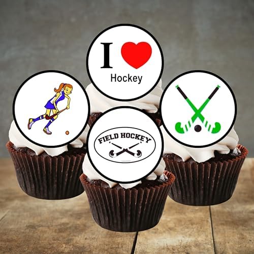PRECUT Hockey Cupcake Toppers, Sports Theme Edible Cake Decorations, Hockey Party Decorations, Field Sports Edible Cupcake Toppers, 4cm / 1.5 Inch Wafer Card Discs (24)