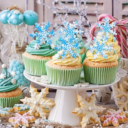 50 PCS Edible Snowflake Cake Cupcake Toppers christmas cake Party decorating Wafer Paper Snowflake Cupcake Decorations for Christmas Winter Frozen Theme Baby Shower Birthday Party Decor Supplies