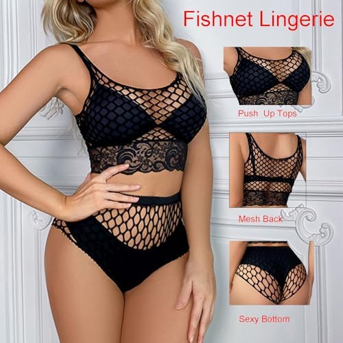 Fishnet Lingerie Set for Women Sexy Lace Mesh Babydoll Lingerie High Waist Bra and Panty 2 Piece Lingerie Sets Nightwear Onesize 2-10