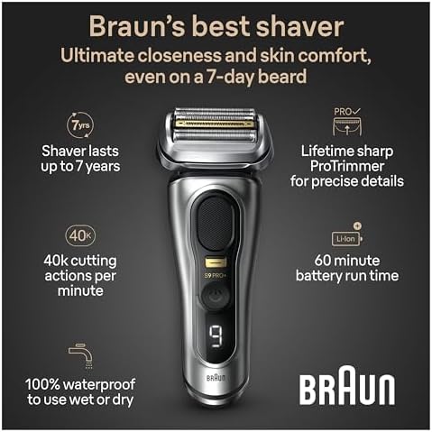 Braun Series 9 PRO+ Electric Razor for Men, 5 Pro Shave Elements & Precision Long Hair Trimmer, 6in1 SmartCare Center, Wet & Dry Electric Shaver for Smooth Skin with 60min Battery Runtime, 9517s