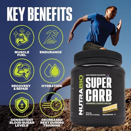 NutraBio Super Carb, Carbohydrate Powder with Cluster Dextrin & Electrolytes, Advanced Carb Supplement Powder for Workout Fuel, Performance, and Muscle Recovery, Cyclic Dextrin, Pineapple, 30 Sv