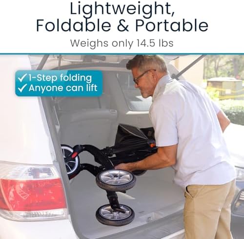 Vive Lightweight Bariatric Rollator with Seat – Carbon Fiber Walker for Seniors (Supports 450 lbs) – Folding Mobility Aid with Brakes, Armrest & Storage Bag – Height Adjustable, Compact, Durable