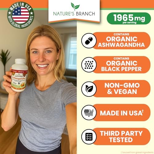 UDAF Certified Organic Ashwagandha with Black Pepper, 1965mg - Extra Strength for Stress, Sleep, Mood, Thyroid, Energy, Hair, Vegan Pure Root Extract Powder Supplement for Men and Women | 180 Capsules