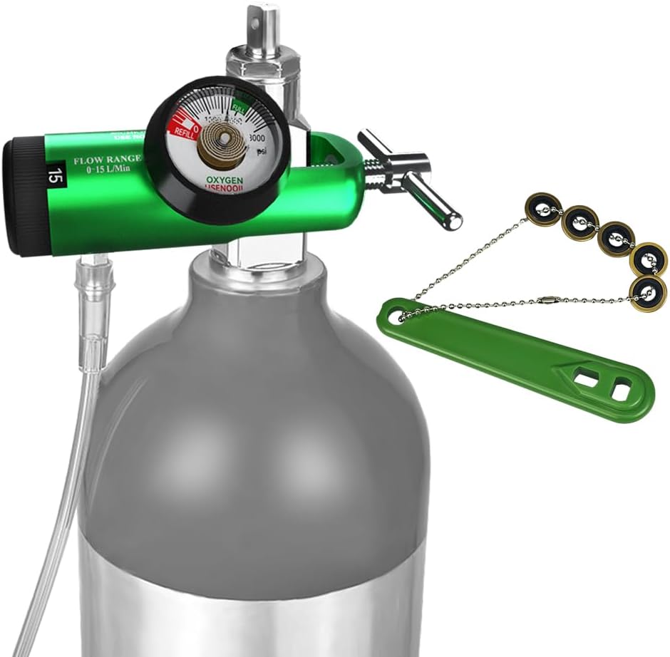 Oxygen Regulator CGA870 Connection, Portable Oxygen Regulator with Brass Sleeve, 0-15LPM, Includes 1 Wrench and 5 Brass Yoke Washer Seals