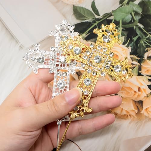 Honbay 2PCS Sparkly Cross Cake Topper Classy Alloy Crystal Rhinestones Cross Cake Decoration for Easter Religious Party First Holy Communion Baptisms Valentine's Day Wedding Christenings Decorations