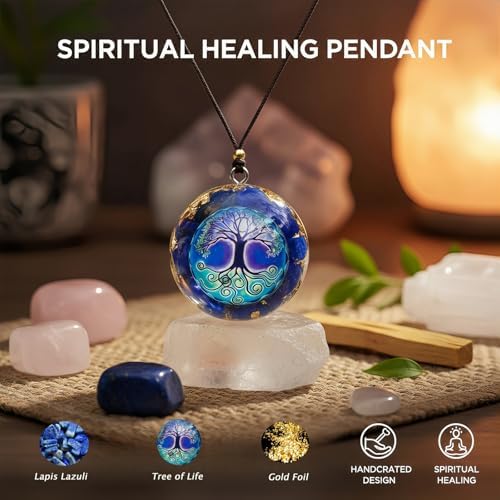 Tree of Life Orgone Pendant Lapis Lazuli Chakra Gemstone Reiki Healing Crystals Chakra Orgonite Pendant Necklace for Good Luck Yoga Meditation Jewelry- Adjustable Rope