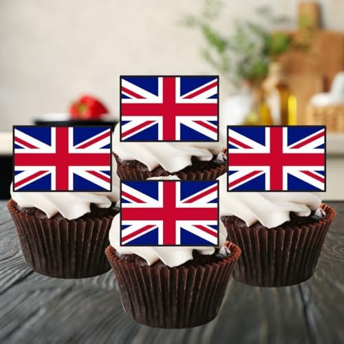 Union Jack Edible Cupcake Toppers, UK Flag Edible Cake Decorations, Flags Of The World Cake Decor, Eurovision Party Decor, London Theme Patriotic Decorations 50 x 3cm / 1.18 Inch Wafer Card Toppers