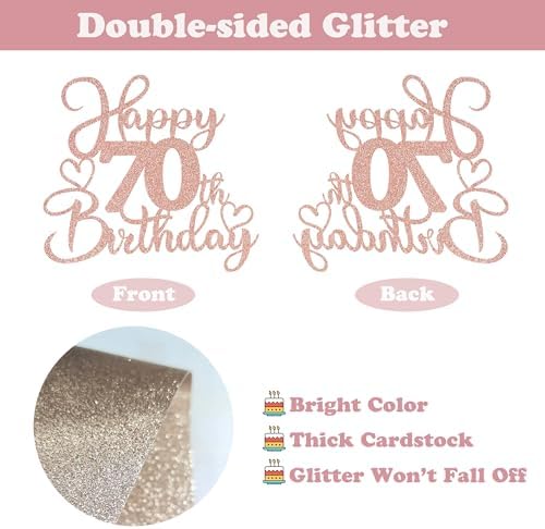 Sotpot 1 Pack 70th Birthday Cake Topper Double-sided Rose Gold Glitter Cake Pick Cake Decoration for Happy 70th Birthday Anniversary Party Decorations