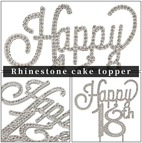 Happy 18th Birthday Cake Topper, Sparkly Silver Rhinestone Cheers to 18 Cake Topper Quinceanera Birthday Decorations Makes a Great Centerpiece