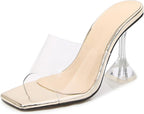 Women's Clear Square Open Toe High Heel Sandals Fashion Slip On Backless Crystal Stiletto Heel Slide Sandals Sexy Wedding Party Prom Dress Shoes 4.5-14 Size