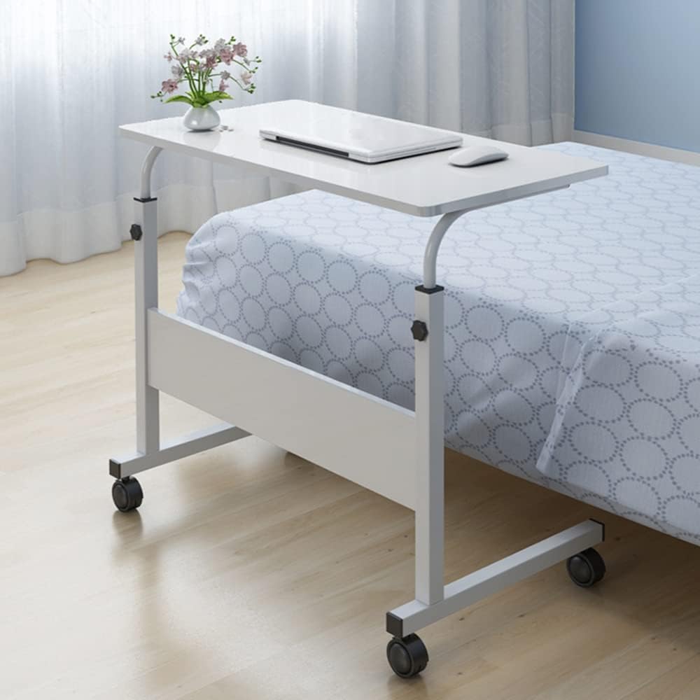 Henf Mobile Sofa Side Table Rolling Bed Table Snack Table, Height Adjustable Portable Laptop Computer Stand Desks Breakfast Tray Table with Wheels for Living Room Bedroom, White