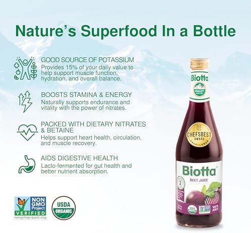 Biotta Organic Beet Juice - 100% Vegetable Juice for Energy, Immunity & Wellness - Excellent Source of Nutrients - All Natural, Non-GMO, Gluten-Free (16.9 Fl Oz, Pack of 6)