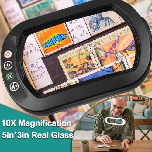 10X Magnifying Glass with Light, Rectangle Real Glass, 5 Color Modes Stepless Dimmable Magnifier with Stand, LED Lighted Clamp Desk Lamp with Swing Arm, Hands Free for Reading Crafts Close Work